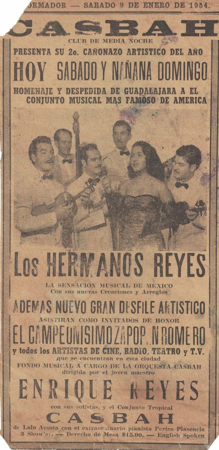 Anuncio de prensa de 1954 del Club Casbah con Los Hermanos Reyes y la orquesta dirigida por Enrique Reyes