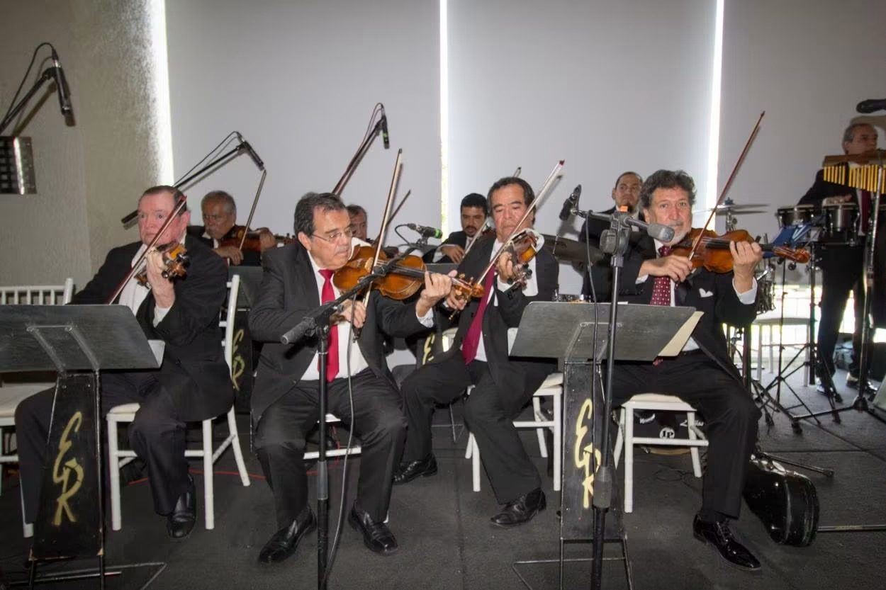 Sección de cuerdas de la orquesta interpretando con violines en un salón